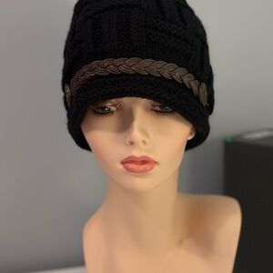 Black Knit Hat with Braided Brown Detail